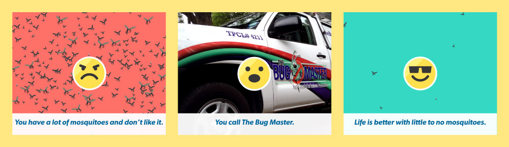 Image of our Mosquito Pest Control Explainer: 1) You have mosquitoes 2) You call The Bug Master 3) You have little or no mosquitoes.